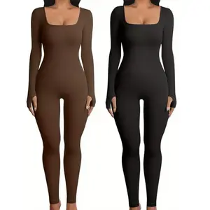 2pcs Women'S Bodysuits Solid Color Ribbed Knit Long Sleeve Square Neck Slim Fit Jumpsuit Bodysuit Sports Yoga Wear Women's Stretchy Slim Fit Bodysuit Seamless Tummy Control Bodysuit girls  pink  brand  hoodie long sleeve crewneck sweatshirt shirt