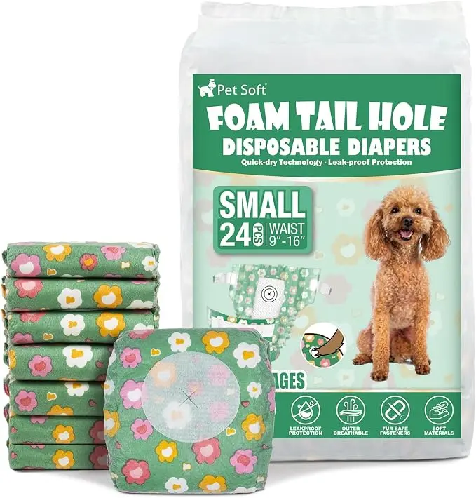 PET SOFT Disposable Soft Female Dog Diapers - Small Size, 24 Counts, Green, Adjustable Foam Tail Hole, Breathable Outer Layer, Leak Proof, for Travel, All Seasons, Puppies with Heat or Incontinence, Soft Fabric