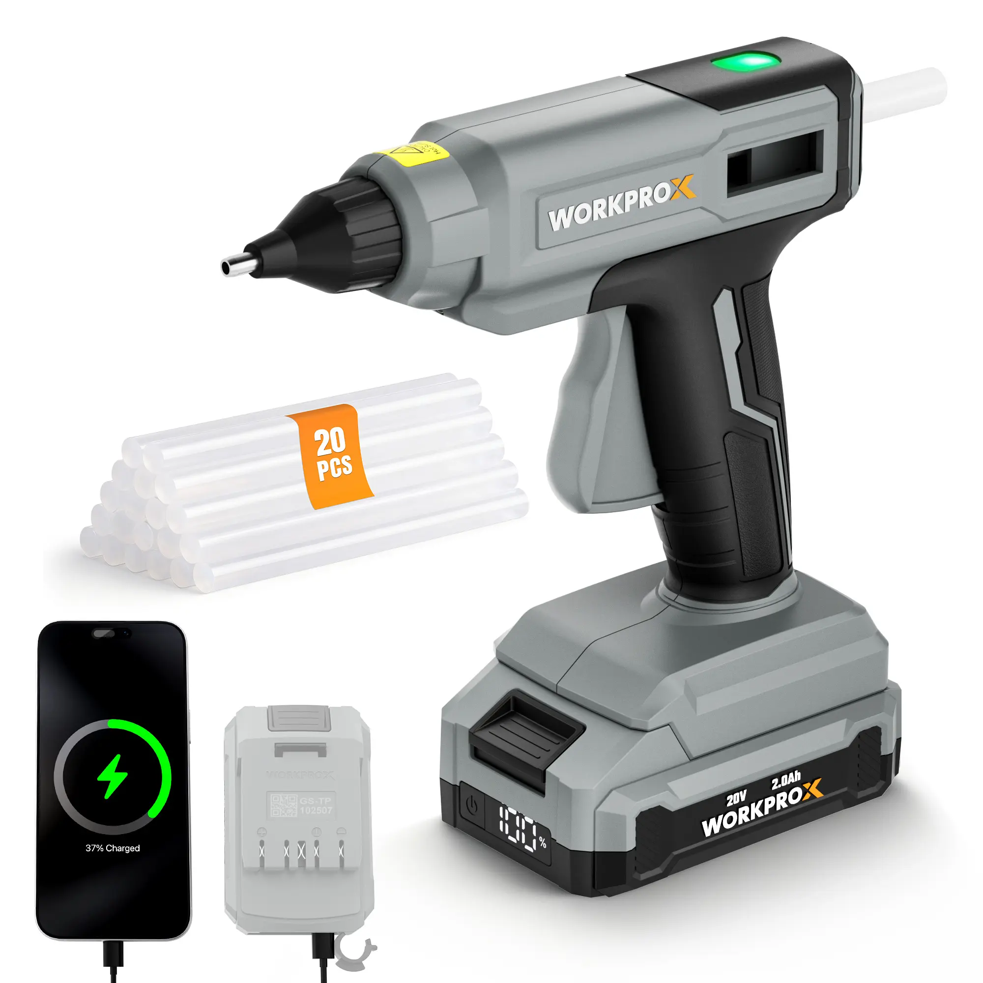 #summersale WORKPROX Cordless Hot Glue Gun, 90min Runtime, 20V Rechargeable Full-Size Glue Gun Kit with 20pcs Glue Sticks, 2Ah Battery, USB-C Charging Cord, Smart Power-Off for DIY Crafts, Repair, School Projects