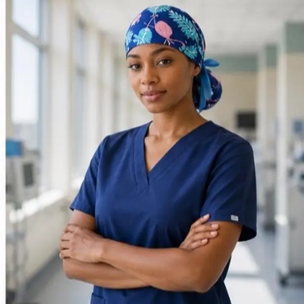 Long Hair Nurse Scrub Cap – Adjustable Bouffant Surgical Cap with Bun Pocket & Tie-Back Bow