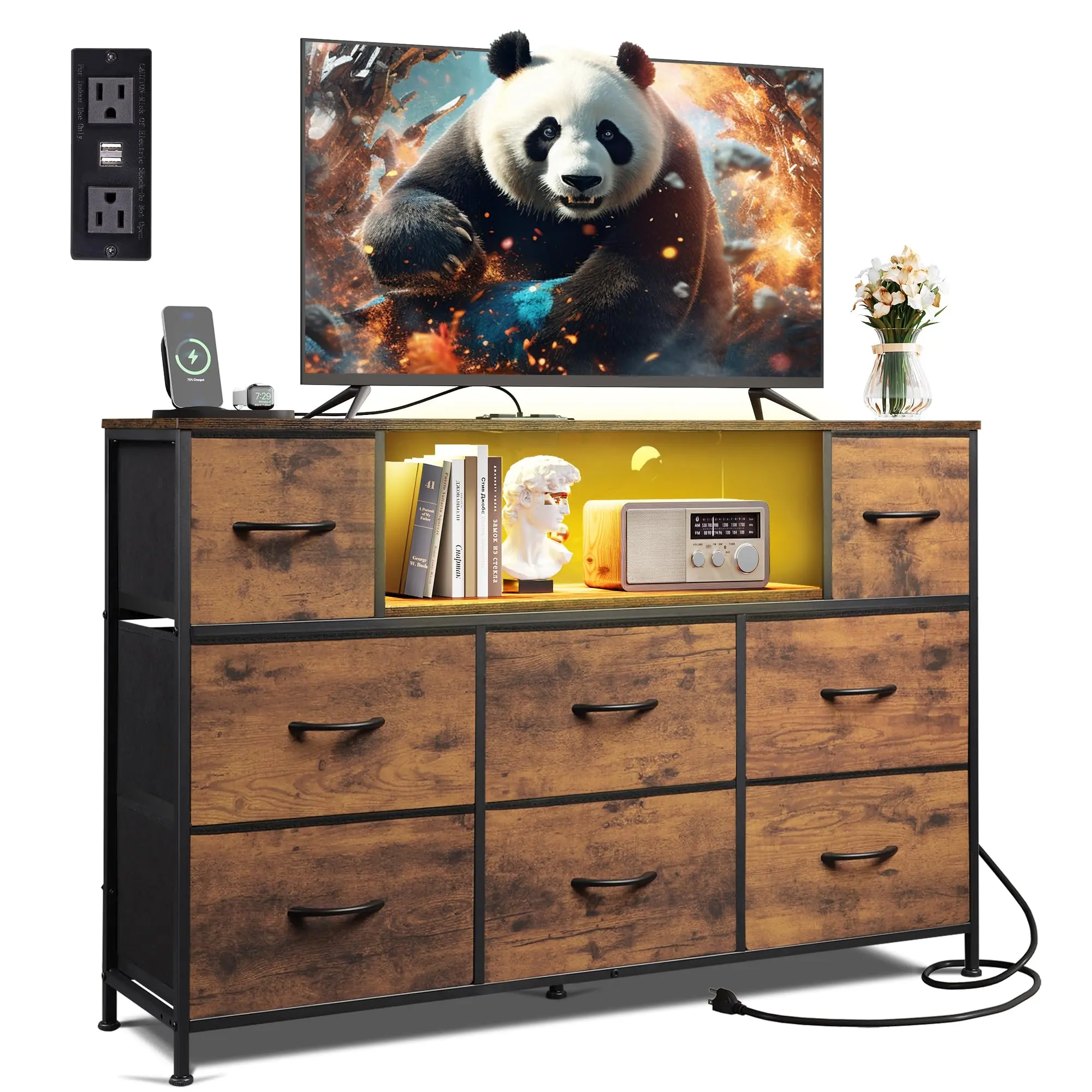 Black Dresser TV Media Stand for 50, 55, 65-in TVs - LED Entertainment Center with Charging Station, 8 Fabric Drawers, Open Shelves, Wood Top - Furniture for Room, Living Room Decor
