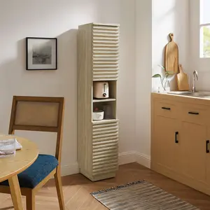 Render Tall Narrow Faux Travertine Linen Storage Cabinet in Travertine