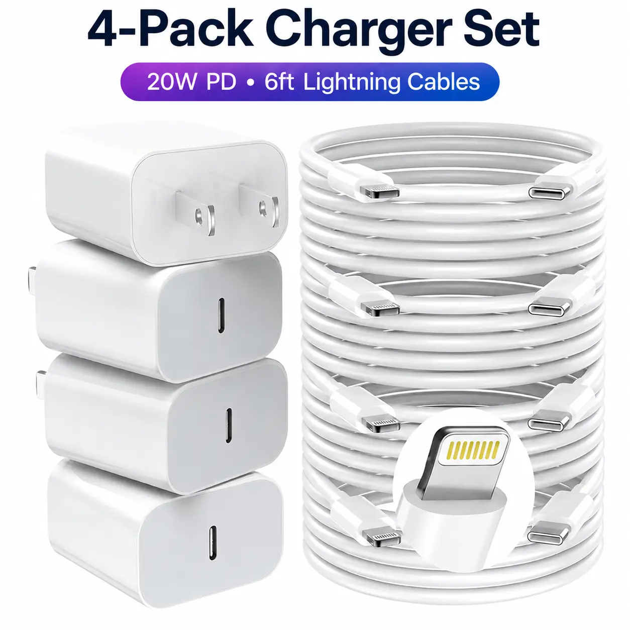 6FT iPhone 14/13/12 Charging Kit: 4-Pack 20W Super Fast Cellphone Wall Charger Blocks + 4-Pack 6FT USB-C to Lightning Cables for iPhone 14/13/12/11 Pro Max, Electronic Mobile Devices, 4 Pcs 6ft for IP 14/13/12