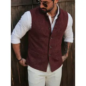 Mens Herringbone Wool Vests Suit Business Tweed High Collar Waistcoats Slim Fit