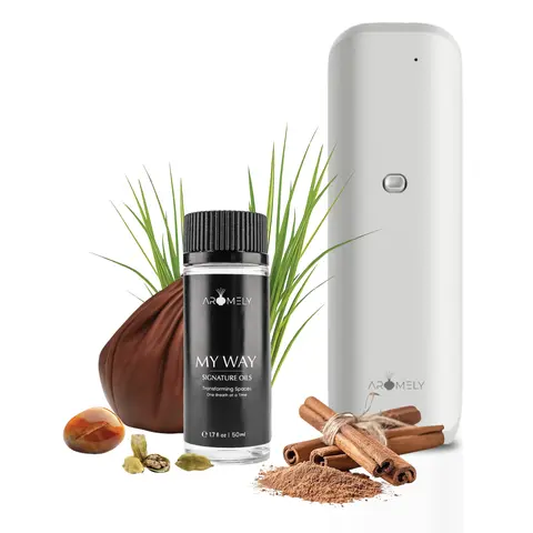 Aromely Waterless Aromatherapy Diffuser Kit - My Way Creamy Vanilla 50ml Gourmand Scented Oil Set, 0.86lb Compact Elegant Room Aromatizer with Spicy Amber Oil for Bedroom, Spa Use
