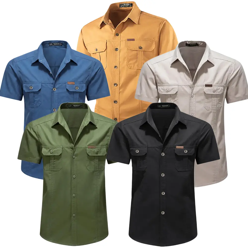 2-pack men’s outdoor casual short-sleeve shirts made from pure cotton fabric, featuring multiple pockets and a lightweight fit; suitable as hiking T-shirts, fishing shirts, and sports shirts.