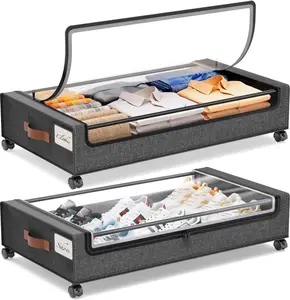 DELAMU 2-Pack Underbed Storage Boxes | Silent Wheels | Dustproof ​​Clear PVC Window |Organizer for Apartments/Dorms/Bedrooms |Back to School Must Have