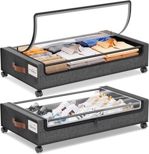 DELAMU 2-Pack Underbed Storage Boxes | Silent Wheels | Dustproof ​​Clear PVC Window |Organizer for Apartments/Dorms/Bedrooms |Back to School Must Have Student Shoe