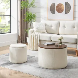 Round Ottoman with Storage Set, 24" +16" Circle Coffee Table Upholstered Nesting Modern End Table Footstool with Removable Wood Tray Chenille for Living Room No Assembly, Beige