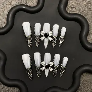 10 PCS White Press On Nails/Black Rhinestone Handmade Press On Nails