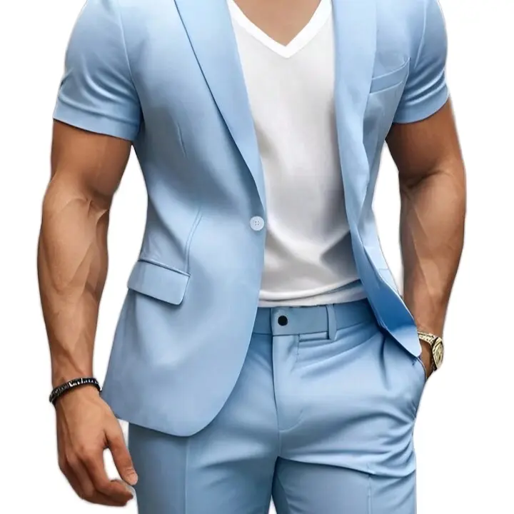 Summer Men's Light Blue Suit Shorts & Short Sleeves Two-Piece Custom Made Wedding Tuxedos Prom Party Blazer Pant Set