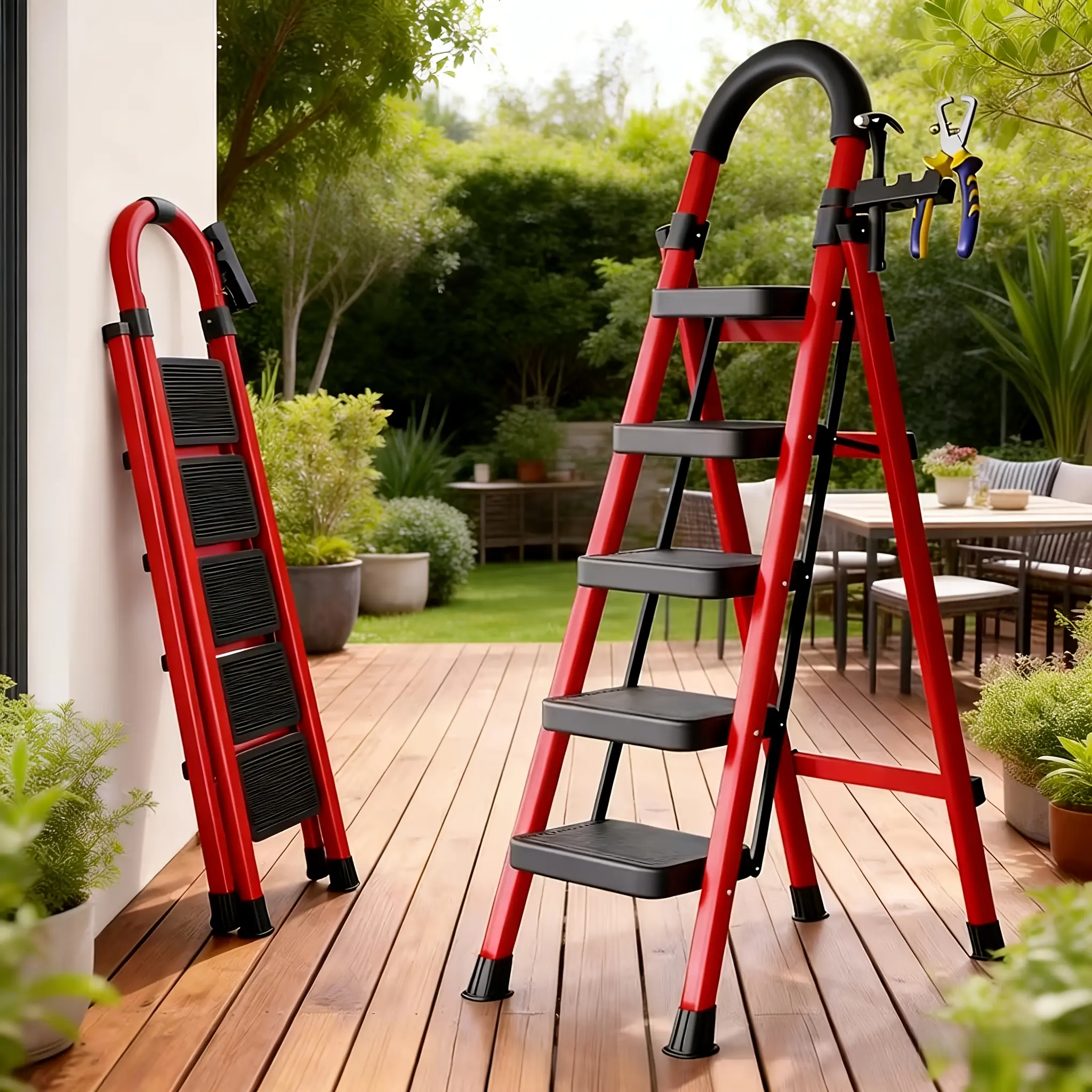 500lbs Load-bearing Folding Ladder | Heavy-duty Steel Step Stool with Anti-slip Wide Treads, Handrails, Safety Lock Design, Black and Red Color Scheme, Portable Multi-functional Ladder for Home and Kitchen Quantity: Large Red