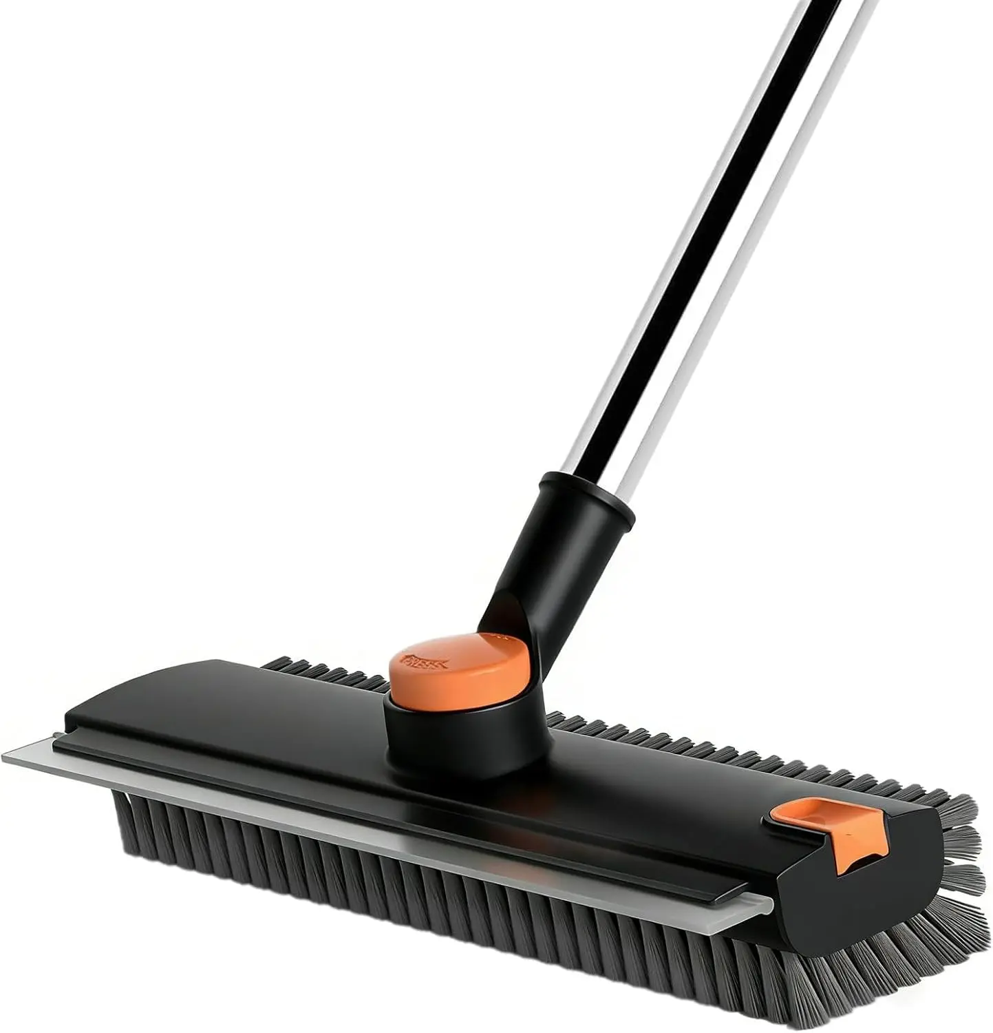 Floor Scrub Brush with Long Handle, 3-in-1 Rotating Head & Squeegee | Stiff Dual-Sided Bristle Scrubber for Shower, Bathroom, Kitchen and Patio, 30–50 In Handle for Easier Stand-up Cleaning