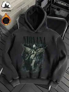 Cotton clothing, "NIRVANA" American rock band pattern letter print, a plush casual sports hoodie, a retro style washed cotton long-sleeved hooded sweatshirt, autumn and winter women's clothing