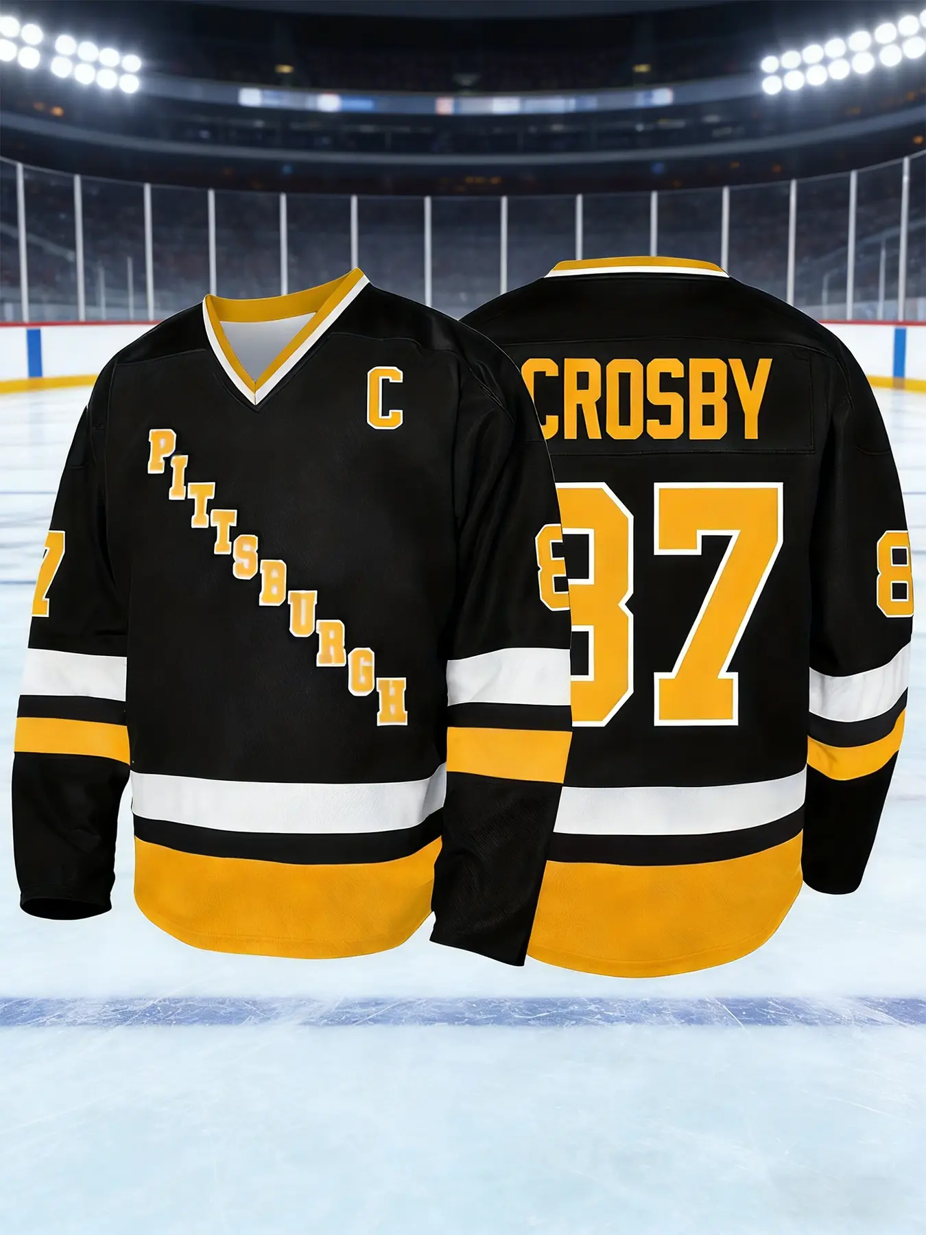 Captain's Edition! Pittsburgh No. 87 Crosby Retro Bold Text Ice Hockey Jersey, 87th Number Captain Logo Hockey Jersey. Black and Yellow Contrasting Color Trendy Sports Top, Home Jersey, Casual Sports Jersey, Sports Clothing