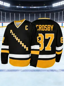 Captain's Edition! Pittsburgh No. 87 Crosby Retro Bold Text Ice Hockey Jersey, 87th Number Captain Logo Hockey Jersey. Black and Yellow Contrasting Color Trendy Sports Top, Home Jersey, Casual Sports Jersey