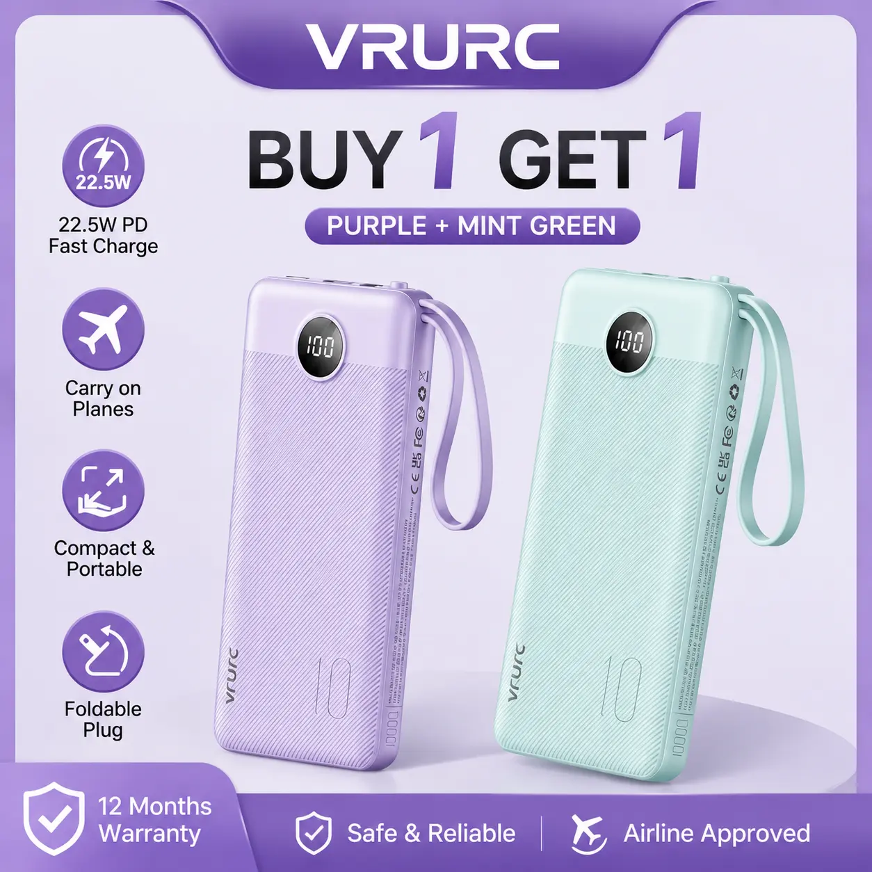 【BOGO】VRURC T1116 10000mAh 22.5W Charging Power Bank - 4-Built-in-Cables All-in-1 Portable Charger, LED Display, USB-C Rechargeable Travel Battery Pack for Android, iPad (Black & Pink),back to school,back to school haul