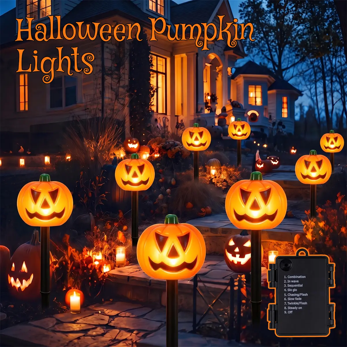 8-Pack Solar Jack O' Lantern Stake String Lights - Orange Novelty Halloween Outdoor Pathway Decor for Toys & Hobbies Outdoor Displays