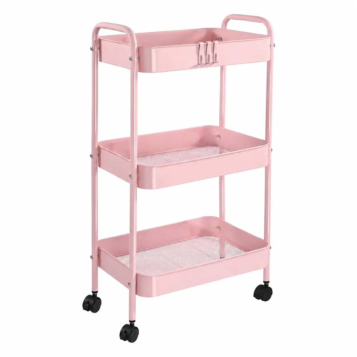 Pink 3-Tier Rolling Metal Storage Cart with Wheels and 4 Hooks - Space-Saving Mobile Organizer Storage Rack for Kitchen, Office, Dorm, Racks