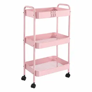 3-Tier Rolling Utility Cart with Wheels & 4 Hooks, Metal Storage Organizer for Kitchen, Bathroom, Office, Dorm, Craft, Home, Pink – Space-Saving Mobile Storage Cart