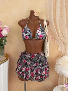 Women's 3-Piece Hibiscus Bikini & Tiered Ruffle Skirt Set, Bikinis Set - Mixed Animal Print & Floral Swimsuit - Sunset Glow Aesthetic Beachwear - High Waisted Layered Mesh Vacation Outfit Beach Bathing Suit