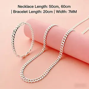 2Pcs Hypoallergenic 925 Sterling Silver Plated Cuban Link Chain Set for Women, 7mm Thick Curb Link Necklace and Bracelet, Dainty Chunky Silver Chain Jewelry for Men Women, Minimalist Everyday Wear, Bridesmaid Wedding Gift, TikTok Trending 2026 Accessories