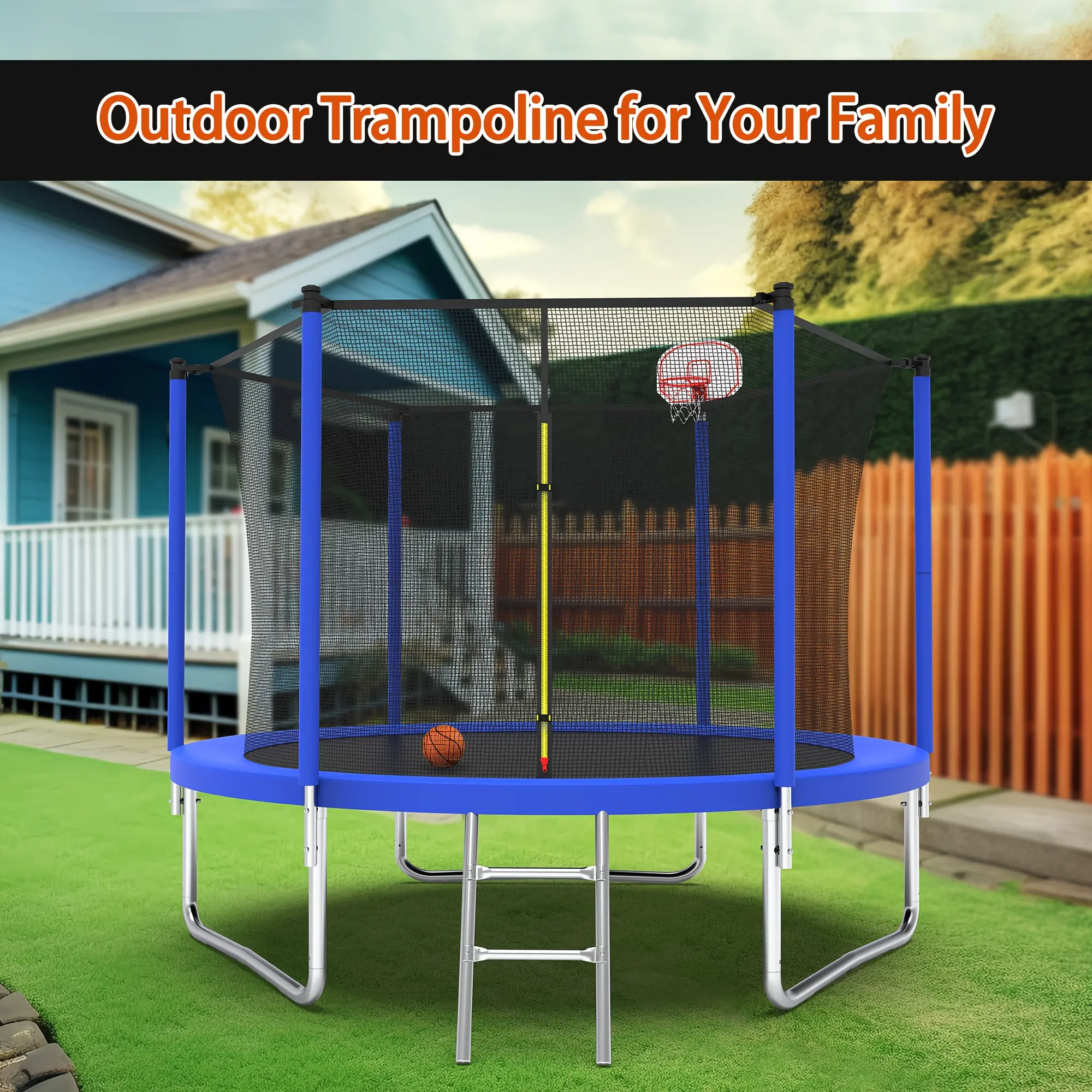 8 FT Recreational Trampoline For Kids And Adults, Outdoor Trampoline With Basketball Hoop, Ladder, Enclosure Net, Basketball, Backyard Trampoline For 1-2 Adults And Kids, Blue