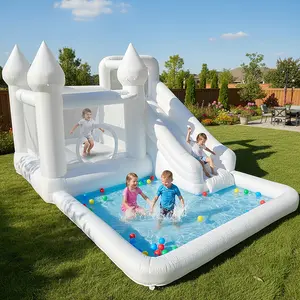 White Large Inflatable Water Slide Pool Children Summer Water Play Bounce House With Ball Pit Kindergarten Play House Outdoor Backyard Water Park summervibes