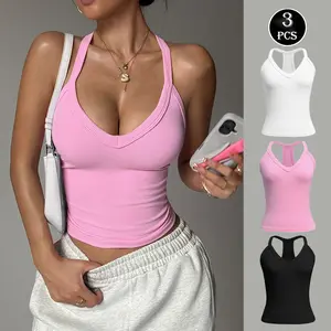 3 Pack Women's Halter Tank Tops, V Neck Ribbed Sleeveless Crop Tops, Casual Layering Camisole for Women, 4 Way Stretch Breathable Tops for Workout Yoga Daily Outing -