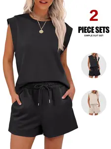 Women's Two-Piece Set, Crew Neck Loungewear Shorts & Top, Cap Sleeves, Drawstring Design, Pockets, All-Season Everyday Casual Wear Womenswear, Adjustable