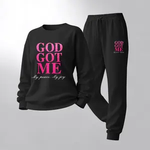 Women's Pink God Got Me Print Crewneck Sweatshirt and Drawstring Track Pants Set, Casual Sportswear, Long-Sleeve Round Neck Top and Pants, Suitable for Spring, Autumn and Winter, Everyday Wear