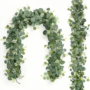 Eucalyptus Flower Wreaths with White Flowers Green Artificial Leaf Wreaths Table Runner Vines for Wedding Arch Fireplace Party Room Decoration