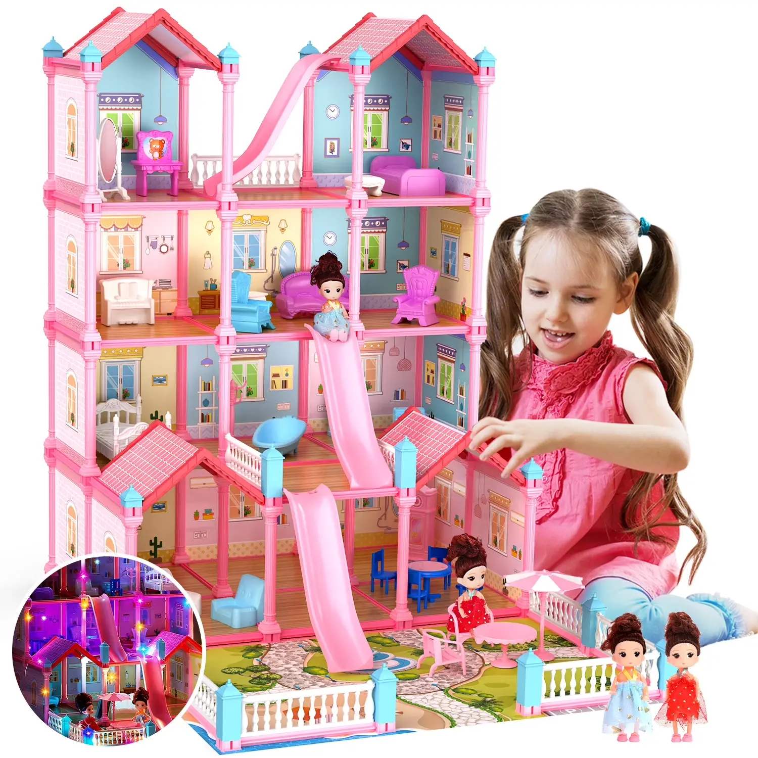 Play Dollhouse with Doll Toy Figures, 14 Rooms Furniture and Colorful Lights, Creative Doll House Gift for Girls Ages 3+, Assemble Required, Pink Pretend Playhouse Role Play Set Doll Playsets