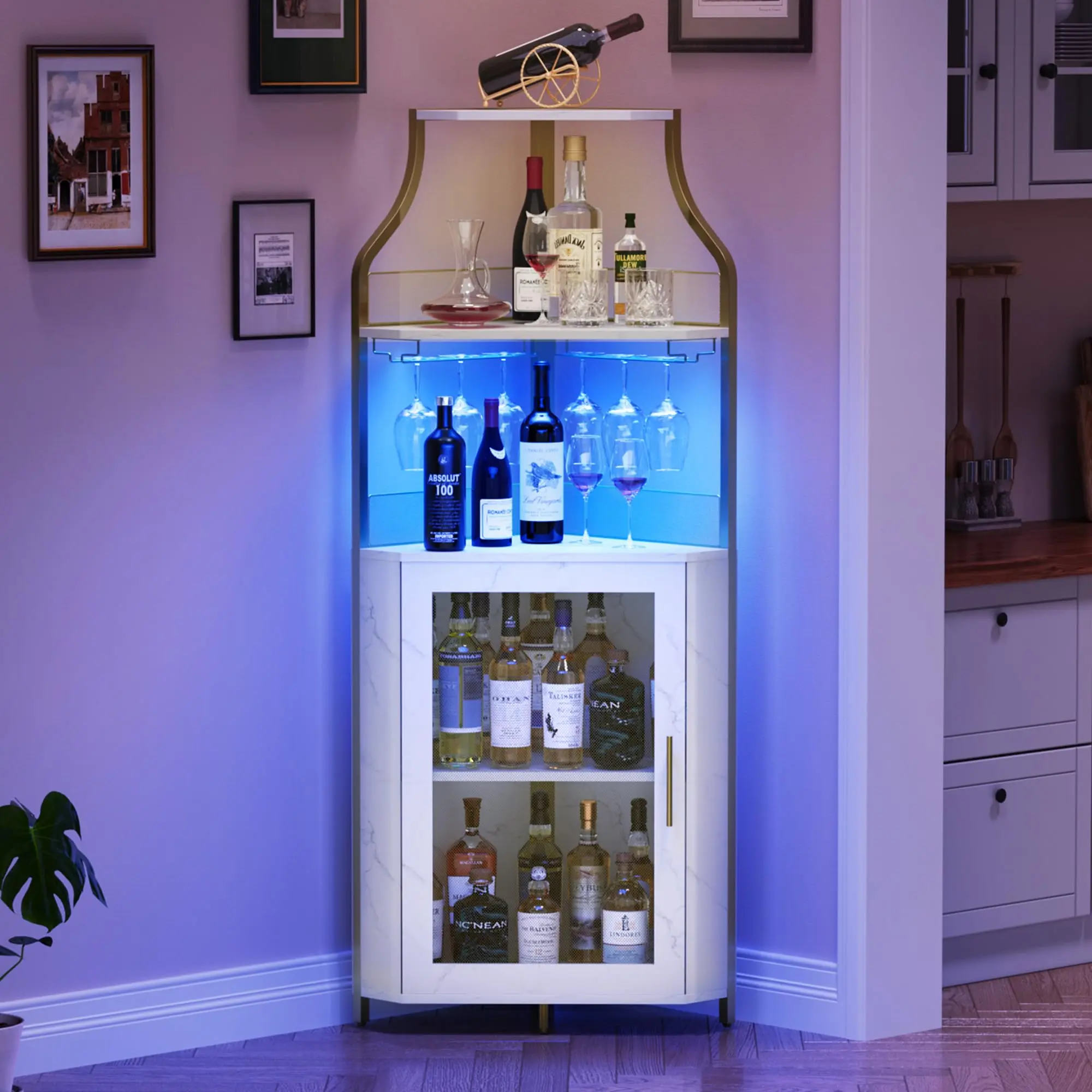 【BacktoSchool】 Flash sale home items Industrial Corner Bar Cabinet - 5-Tier Wine & Liquor Storage Sideboard - Adjustable Shelves, Detachable Wine Rack, Glass Holder, Mesh & Glass Doors, Light - Dining Room Home Bar Furniture