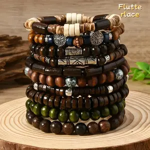 Unisex 10PCS Boho Wooden Beaded Bracelets Set, Handmade Trendy Sports Wristbands for Daily Wear & Gift, Couple Friendship Stackable Jewelry Accessory