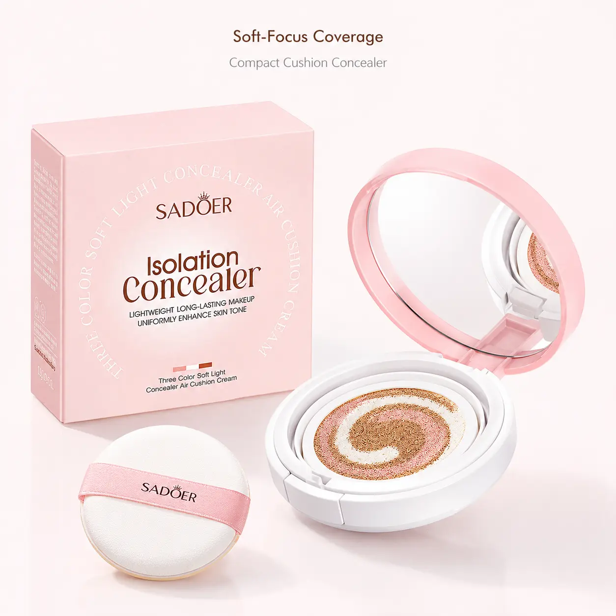 Portable Concealer Cushion Compact, Easy-Blend 3-Color Makeup for Quick Touch-Ups, Mirror & Puff Included