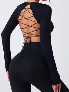 Women's Open Back Tops Long Sleeve Criss Cross Backless Fit T Shirt Going Out Crop Top