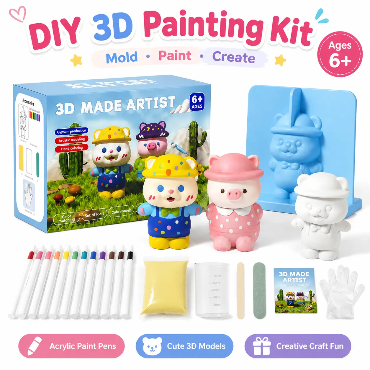 DIY 3D Painting Mold Kit for Kids, Make & Paint Your Own 3D Characters, Creative Art Craft Toy Set with Silicone Molds & Paint Pens, STEM Activity Gift for Boys Girls Ages 6+