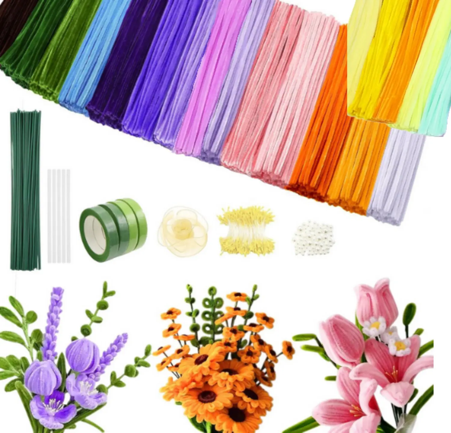 1Set Pipe Cleaners Craft, Pipe Cleaners Flowers Kit with Handle, Colorful Chenille Stems with Instruction, Art and Craft Supplies,car accessories