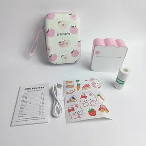 Mini Printer, Portable Label Printer, Thermal Inkless Sticker Maker with 1 Rolls Sticker Paper, 2 Sheet of Cartoon Stickers, and 1 Portable Peach Bag, Suitable for Printing Text, Notes, Photos, DIY, to-Dos, Ideal Gift Kit