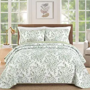 Quilts Queen Size, Sage Green Quilt Bedding Set with 2 Pillowcases, Botanical Quilt for Queen Bed, Soft Microfiber Lightweight Coverlet Bedspread for All Season (96"×90", 3 Pieces)