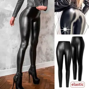 Women's Faux Leather Leggings Stretchy PU Pants Sexy Black High Waisted Tummy Control Pants, Casual Comfy Trousers For Yoga Gym, Fall Outfits Elastic Womenswear