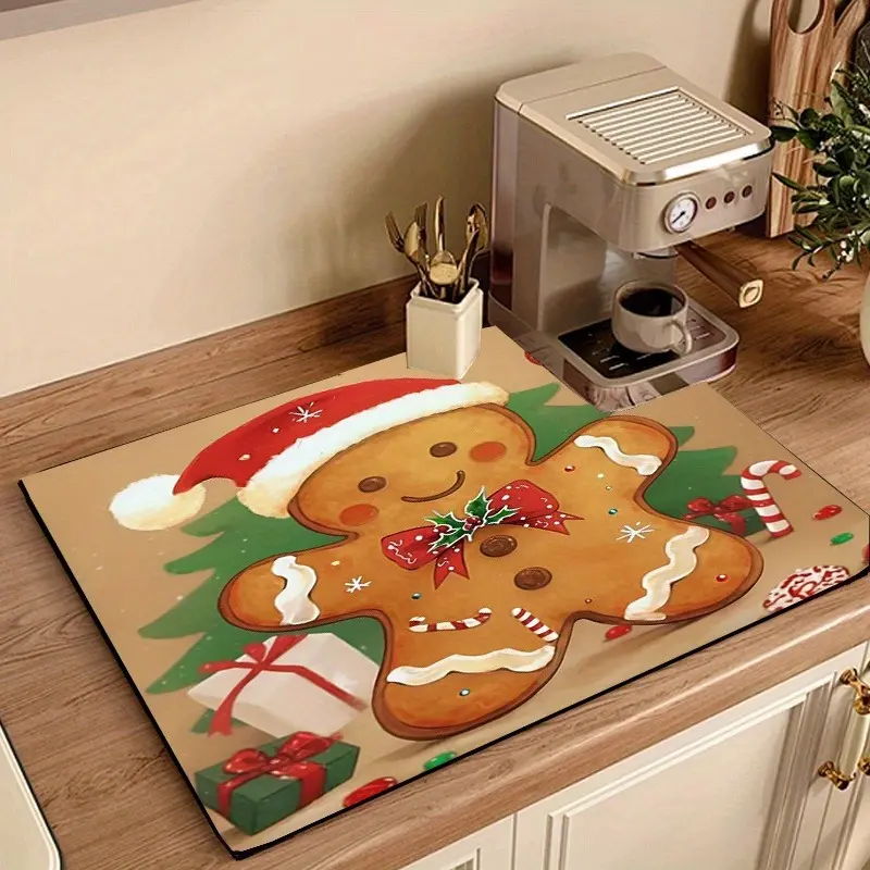 Gingerbread for Man Theme Pattern Dish Drying Mat, Heat Insulation, Practical, Easy to Dry, Wipe Clean, for Coffee Machine, Washing Machine, Home Use Coasters Tableware christmas home decor