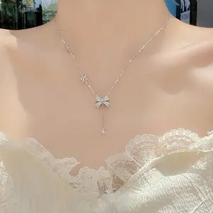Elegant Bow Tassel Necklace for Women Titanium Steel Clavicle Chain with Delicate Bow Pendant & Graceful Tassel Drop for Everyday Wear Lightweight & Durable Gift