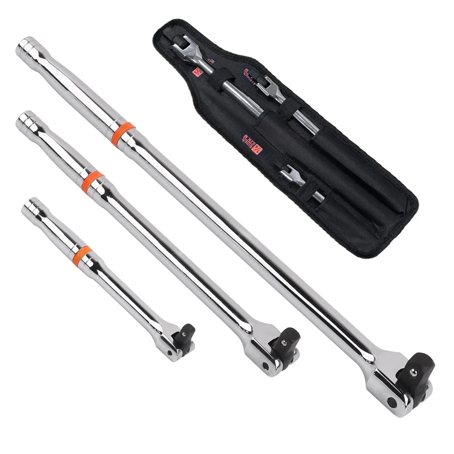 3-Piece Flex-Head Breaker Bar Set, 1/4" 3/8" 1/2" Drive, 6" 10" 15" Long Reach with 180° Rotating Head & Spring Detent Ball, High-Strength Alloy Steel for Automotive Repair & Heavy-Duty Applications