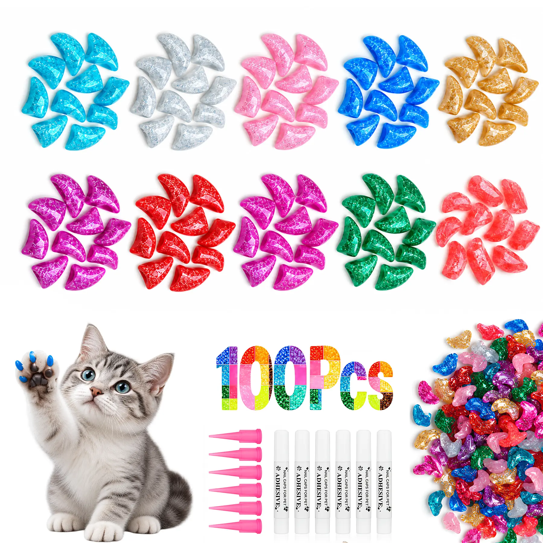 100Pcs 10-Colors Sparkling Soft Cat Nail Caps Cat Claw Covers with Glue Applicators Anti Scratch Nail Covers for Cats Kitten Furniture Protection Scratch Prevention Indoor Home Use S M Sizes