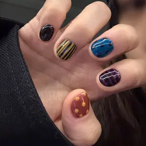 30 Count Short Oval Press-On Nail Tips with Colorful Polka Dot and Stripe Prints, Reusable Nail Art for Everyday Use and Gatherings, Press On Nails
