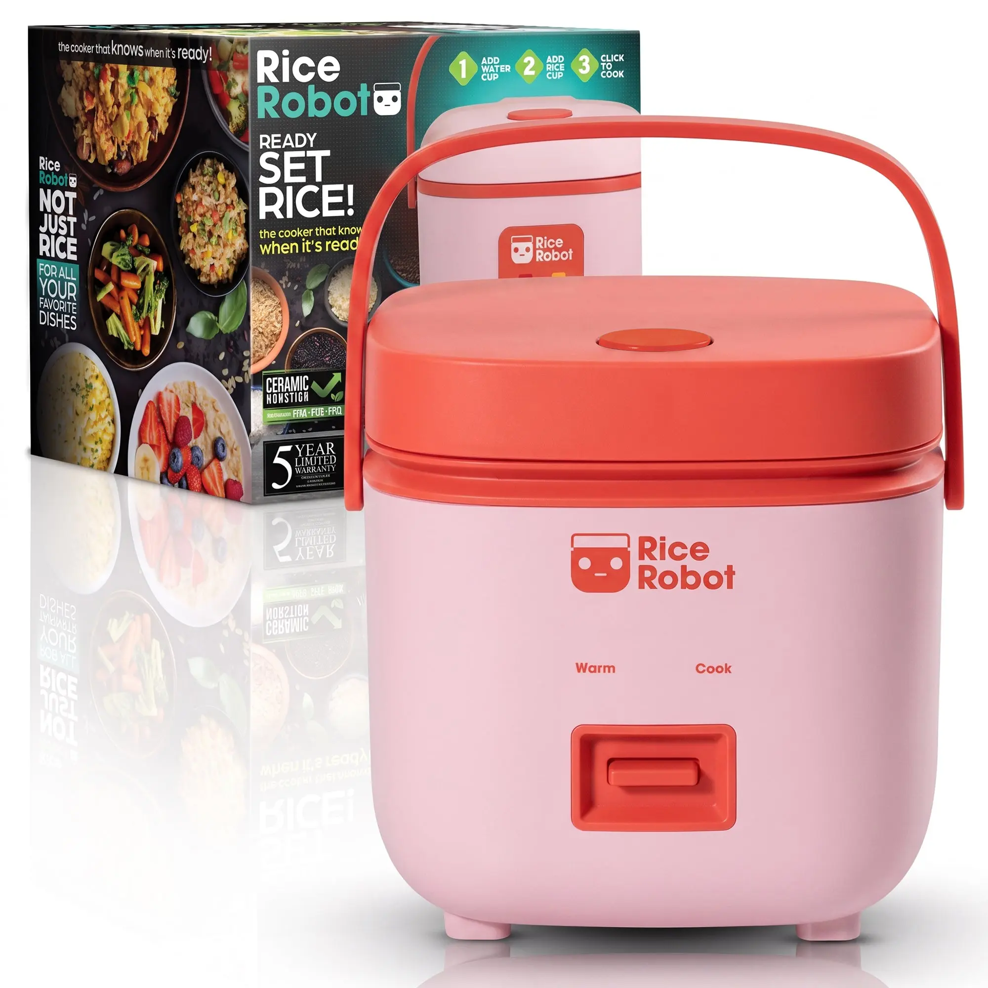 Rice Robot - All in One Cooker - Cook Anything with a single button! PFAS-free, Nonstick Ceramic Bowl, Steamer Tray, Measuring Cups, Recipe Book with 60 Recipes, & Serving Spoon