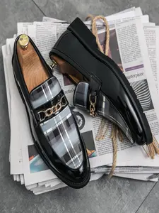 Men's Fashionable Tartan Pattern Chain Decor Easy Breezy Classic Loafers, Casual Comfortable Flat Slip-on Rubber Shoes for Daily Wear, Fashion Shoes for Party, Daily Clothing Decor Footwear