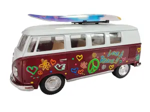 KINSMART 1962 Volkswagen Classical Bus 1:32 Scale 5" Burgundy Diecast Model with Surf Board & Peace Sign Design Collectible Toy